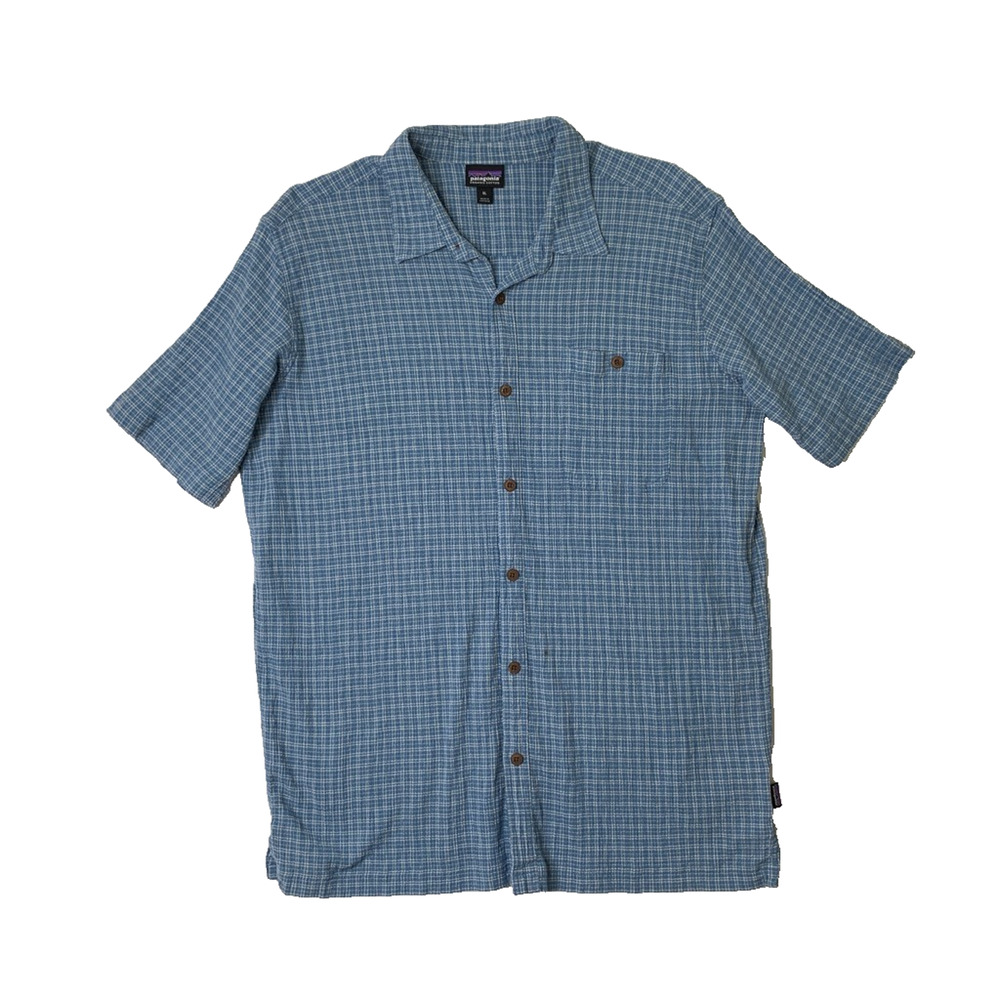 Patagonia Shirt Mens XL Copen Blue White A/C Check Short Sleeve Gauzy Cotton